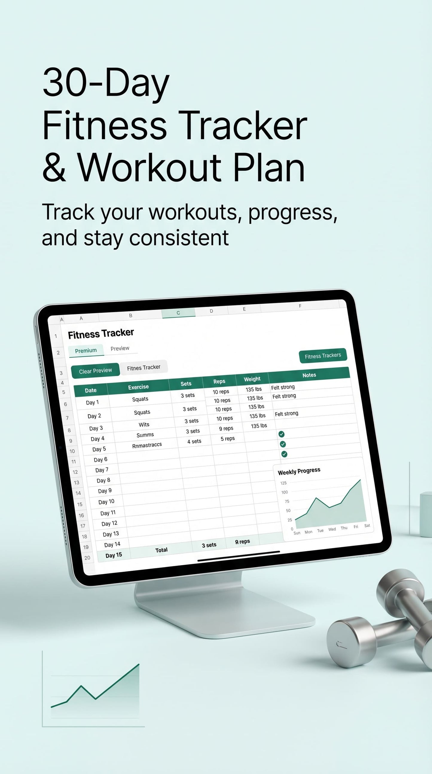 30-Day Fitness Tracker & Workout Planner (Editable Google Sheet) – Gym Progress & Habit Tracker