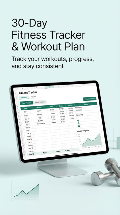30-Day Fitness Tracker & Workout Planner (Editable Google Sheet) – Gym Progress & Habit Tracker